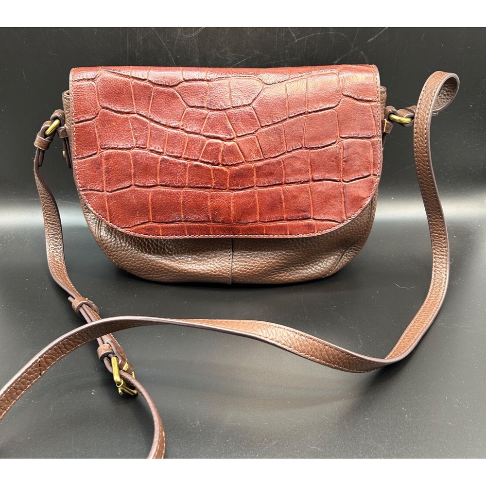 Fossil‎ Leather Brown Reptile Flap Small Crossbody Purse Handbag